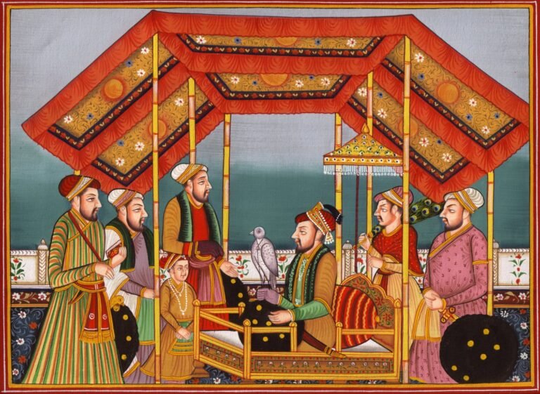 Traditional Mughal artwork depicting royal court scene, showcasing intricate brushwork and cultural heritage, representing Miniature Paintings in Lahore.