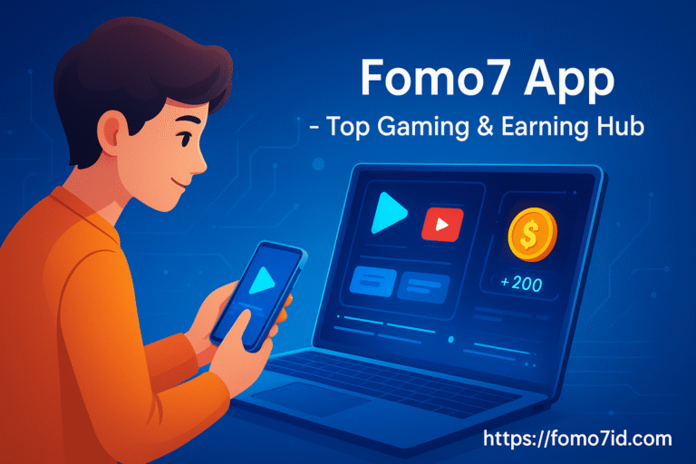 A young person using a laptop and smartphone displaying the Fomo7 app interface, showcasing gaming and earning features with futuristic graphics and the website https://fomo7id.com .