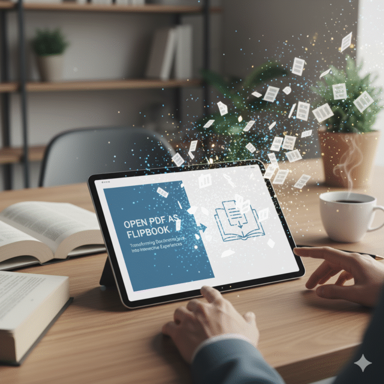 A close-up of a tablet on a desk displaying the title "Open PDF as Flipbook" and an icon showing a document transforming into an open, interactive book.
