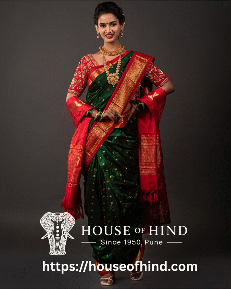Elegant woman wearing a traditional green Paithani saree with rich golden zari border, showcasing Maharashtrian heritage and timeless Indian elegance.