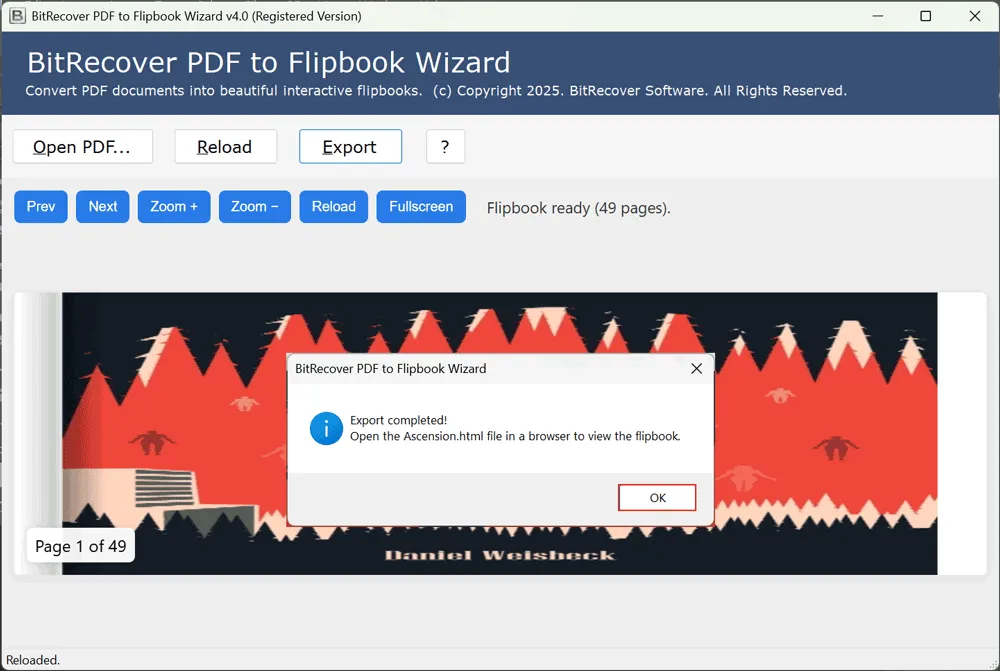 Screenshot of the BitRecover PDF to Flipbook Wizard interface showing an 'Export completed!' pop-up message, indicating the conversion of a PDF into a 49-page flipbook.
