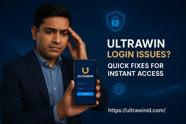 A concerned Indian man holding a smartphone displaying the Ultrawin App login screen glowing in blue and gold tones. The digital background features lock icons, connectivity waves, and settings symbols representing security and speed. Text overlay reads: “UltraWin Login Issues? Quick Fixes for Instant Access.”