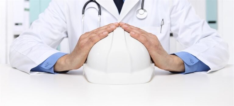 Health professional conducting workplace safety training and wellness program.